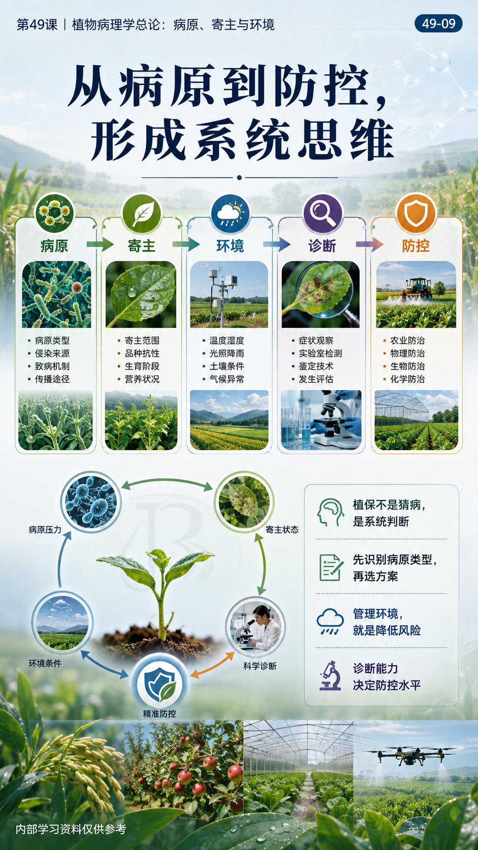 华昇金玛第49课植物病理学总论原图，图内49-09：从病原到防控的系统思维