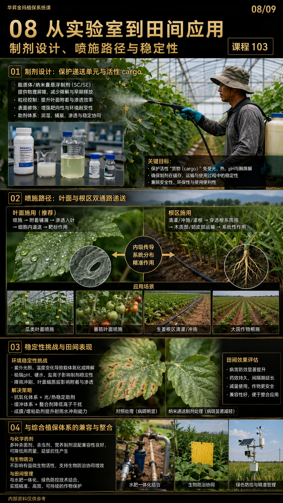 华昇金玛第103课图内08/09页：从实验室到田间应用：制剂设计、喷施路径与稳定性