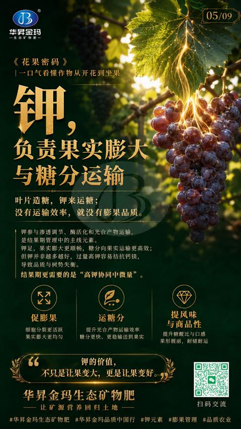 负责果实膨天（钾足，果实膨大更顺畅，糖分向果实运输更高效）｜华昇金玛植保系统课技术图