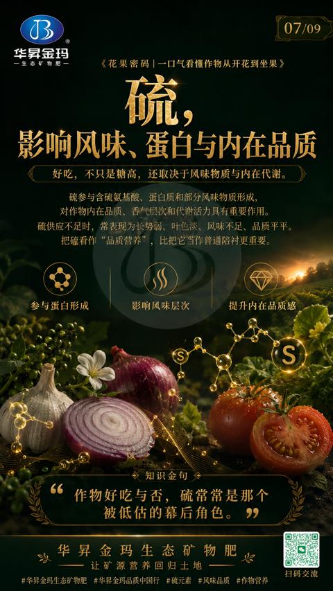 影响风味、蛋白与内在品质（硫供应不足时，常表现为长势弱、叶色淡、风味不足、品质平平）｜华昇金玛植保系统课技术图