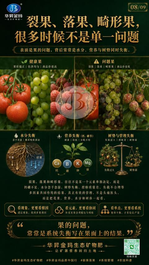 裂果、落果、畸形果（钙硼不足、水分忽干忽湿、树势失衡、授粉质量差、负载不合理等）｜华昇金玛植保系统课技术图
