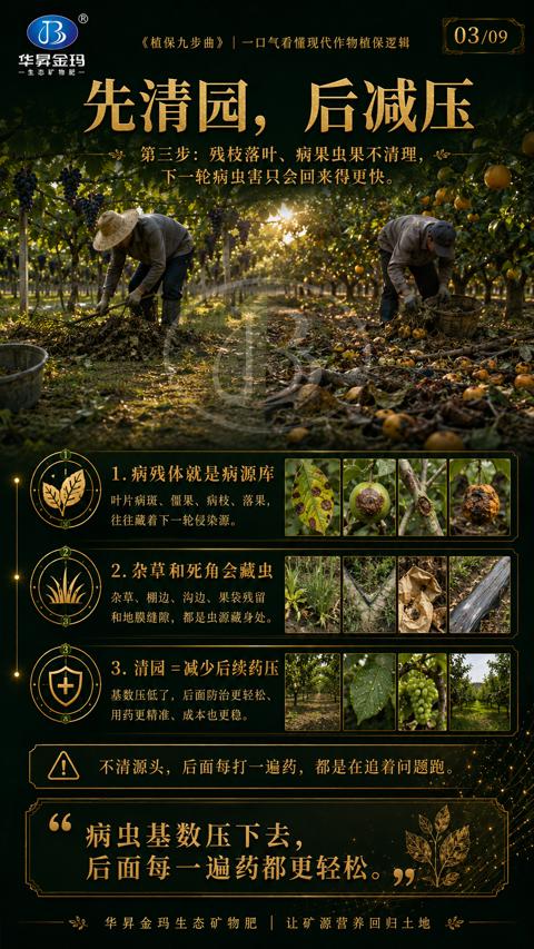 先清园，后减压（不清源头，后面每打一遍药，都是在追着问题跑）｜华昇金玛植保系统课技术图