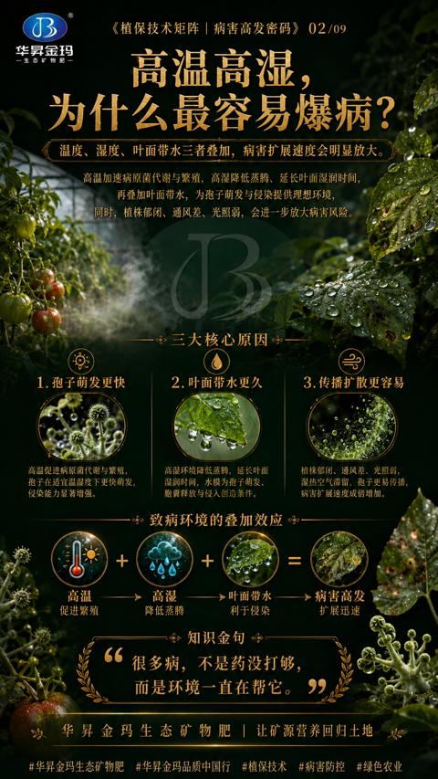 为什么最容易爆病（高温加速病原菌代谢与繁殖，高湿降低蒸腾、延长叶面湿润时间）｜华昇金玛植保系统课技术图