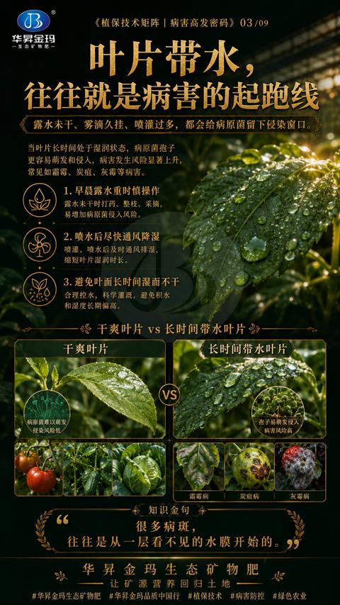 叶片带水（露水未干、雾滴久挂、喷灌过多，都会给病原菌留下侵染窗口）｜华昇金玛植保系统课技术图