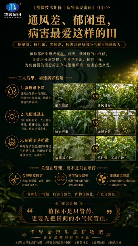 通风差、郁闭重（棚室闷、枝叶密、光照差，病害会在局部小气候里快速放大）｜华昇金玛植保系统课技术图