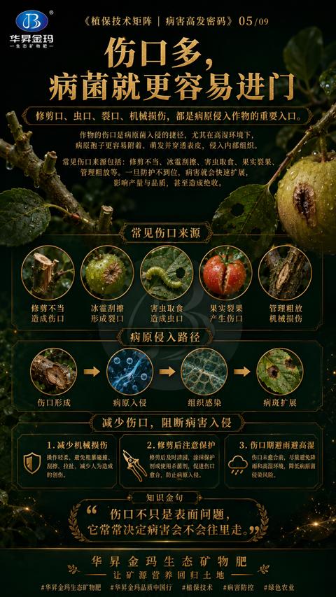 伤口多（修剪口、虫口、裂口、机械损伤，都是病原侵入作物的重要入口）｜华昇金玛植保系统课技术图