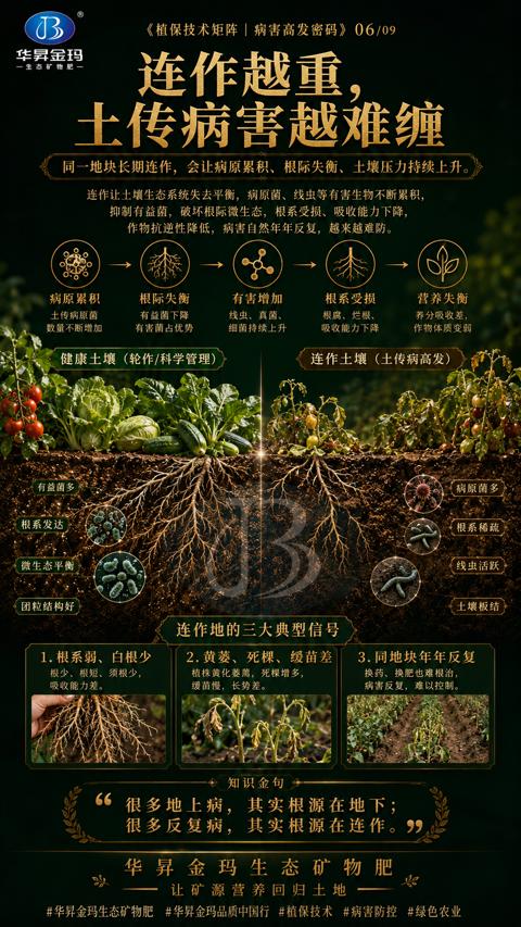 连作越重（同一地块长期连作，会让病原累积、根际失衡、土壤压力持续上升）｜华昇金玛植保系统课技术图