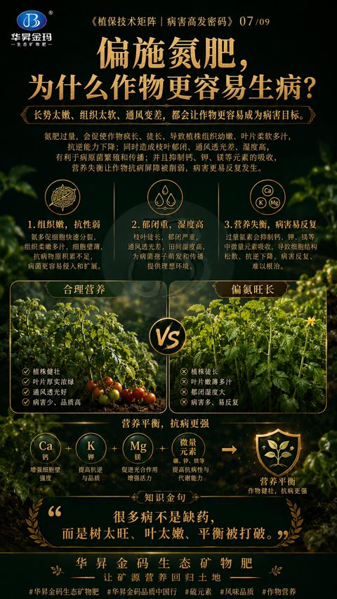 偏施氮肥（长势太嫩、组织太软、通风变差，都会让作物更容易成为病害目标）｜华昇金玛植保系统课技术图