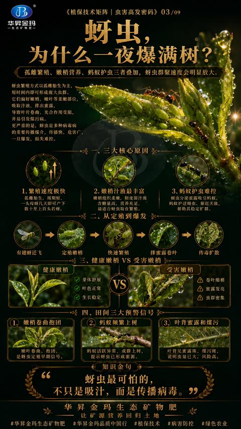 蚜虫（孤雌繁殖、嫩梢营养、蚂蚁护虫三者叠加，虫群聚速度会明显放大）｜华昇金玛植保系统课技术图