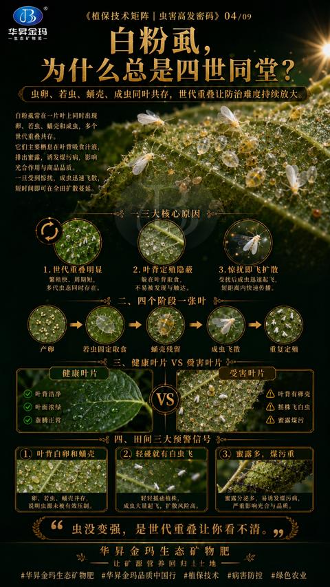 为什么总是四世同堂（虫卵、若虫、蛹壳、成虫同叶共存，世代重叠让防治难度持续放大）｜华昇金玛植保系统课技术图