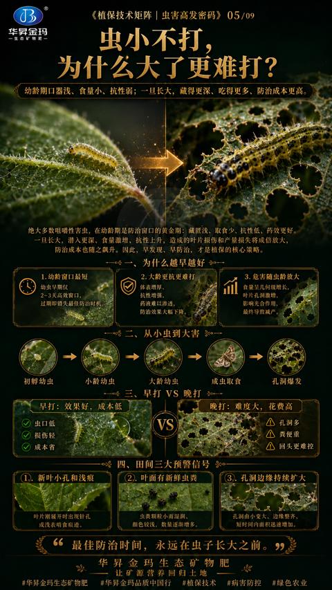 为什么大了更难打（幼齡期口器浅、食量小、抗性弱；一旦长大，藏得更深、吃得更多、防治成本更高）｜华昇金玛植保系统课技术图