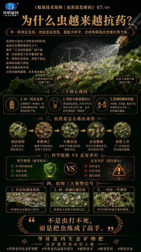 为什么虫越来越抗药（单一药剂反复用、剂量忽高忽低、混配不科学，会持续筛选出更难打的个体）｜华昇金玛植保系统课技术图