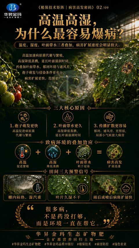 为什么最容易爆病（温度、湿度、叶面带水三者叠加，病害扩展速度会明显放大）｜华昇金玛植保系统课技术图