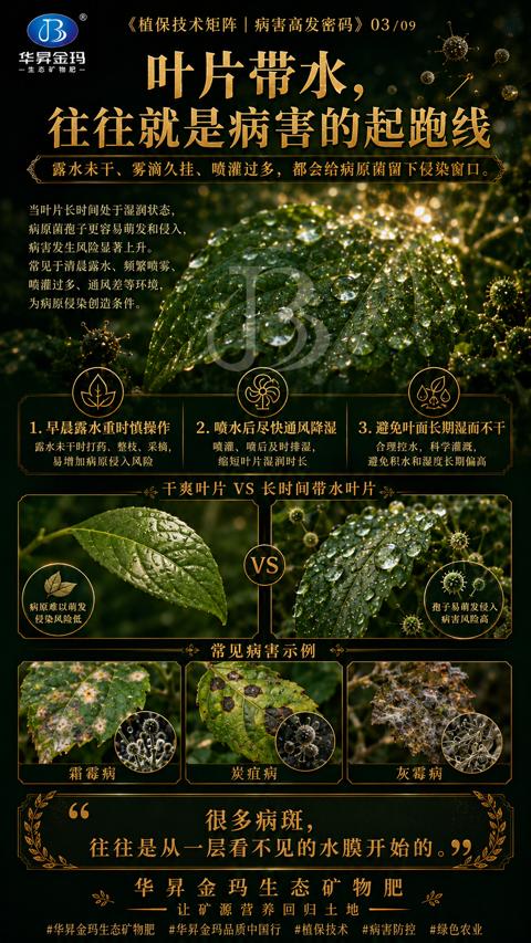 叶片带水（露水未干、雾滴久挂、喷灌过多，都会给病原菌留下侵染窗口）｜华昇金玛植保系统课技术图
