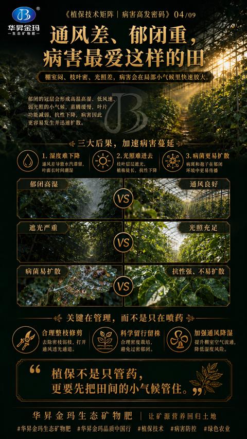 通风差、郁闭重（棚室闷、枝叶密、光照差，病害会在局部小气候里快速放大）｜华昇金玛植保系统课技术图