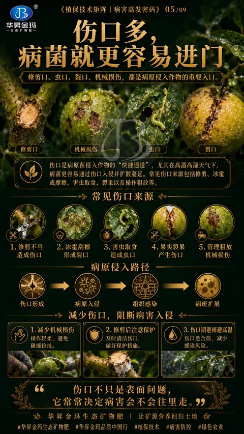 病菌就更容易进门（修剪口、虫口、裂口、机械损伤，都是病原侵入作物的重要入口）｜华昇金玛植保系统课技术图