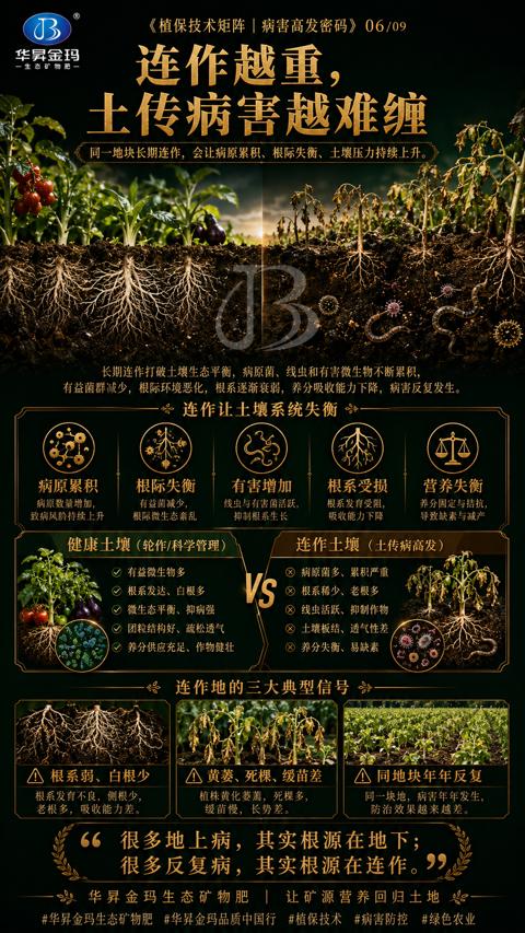 连作越重（同一地块长期连作，会让病原累积、根际失衡、土壤压力持续上升）｜华昇金玛植保系统课技术图