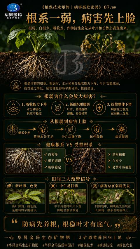 根系一弱，病害先上脸（根是作物的根基。根弱时，水分和养分吸收能力下降，叶片功能减弱）｜华昇金玛植保系统课技术图