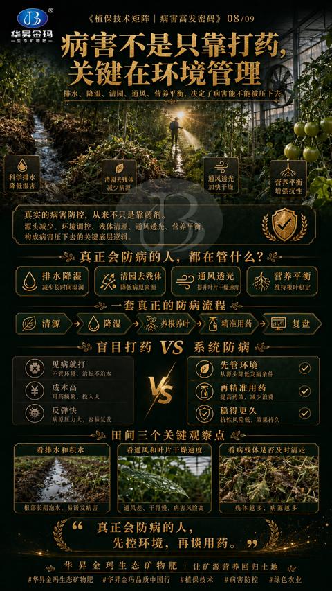 病書不是只靠打药（排水、降湿、清园、通风、营养平衡，决定了病害能不能被压下去）｜华昇金玛植保系统课技术图
