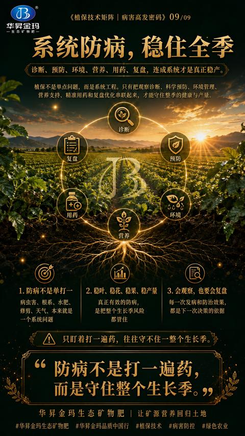 系统防病，稳住金季（植保不是单点问题，而是系统工程。只有把观察诊断、科学预防、环境管理）｜华昇金玛植保系统课技术图