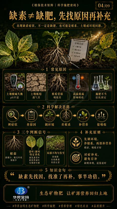 缺素 缺肥，先找原因再补充（出现缺素症状，不一定是缺肥，也可能是根系、土壤或环境问题）｜华昇金玛植保系统课技术图