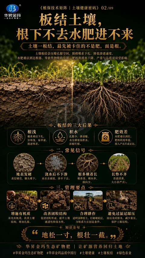 板结土壤（水肥难以到达根部，导致作物吸收受限，肥料利用率下降，产量与品质双双受影响）｜华昇金玛植保系统课技术图