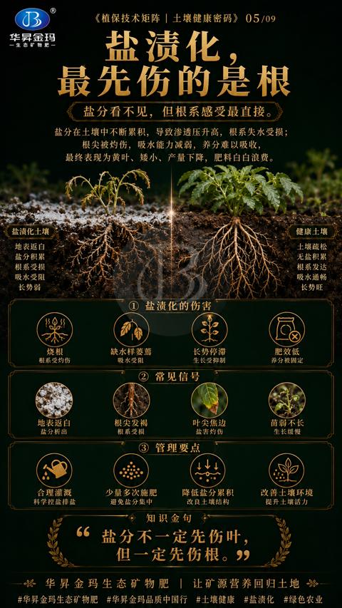 最先伤的是根（盐分在土壤中不断累积，导致渗透压升高，根系失水受损）｜华昇金玛植保系统课技术图