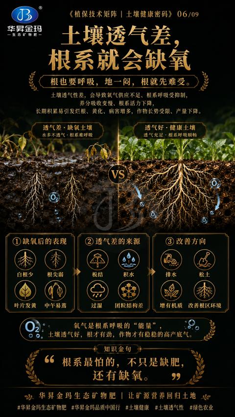 土壤透气差（长期积累易引发烂根、黄化、病害增多，作物长势受限、产量下降）｜华昇金玛植保系统课技术图