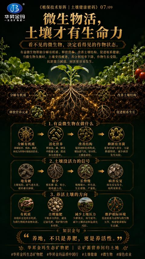 微生物活（有益微生物帮助分解有机质、释放营养、改善土壞结构、促进根系健康）｜华昇金玛植保系统课技术图