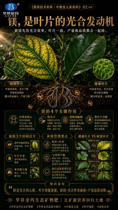 镁，是叶片的光合发动机（镁是光合的心脏，叶片的能量源，缺镁=光合作用减速=产量品质双降）｜华昇金玛植保系统课技术图
