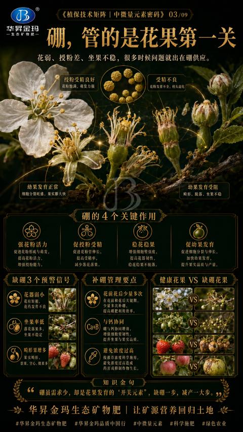 硼，管的是花果第一关（硼虽需求少，却是花果发育的‘开关元素”，缺硼一步，减产一大步）｜华昇金玛植保系统课技术图