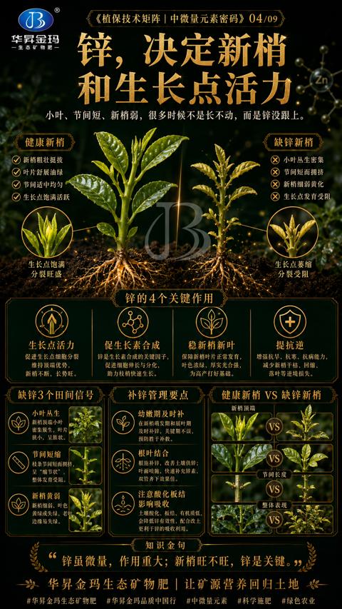 锌，决定新梢（小叶、节间短、新梢弱，很多时候不是长不动，而是锌没跟上）｜华昇金玛植保系统课技术图