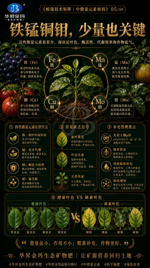 铁锰铜钼，少量也关键（这些微量元素着着少，却决定叶色、酶活性、代谢效率和作物底气）｜华昇金玛植保系统课技术图
