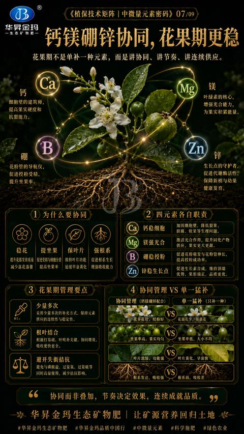 钙镁硼锌协同，花果期更稳（花果期不是单补一种元素，而是讲协同、讲节奏、讲连续供应）｜华昇金玛植保系统课技术图
