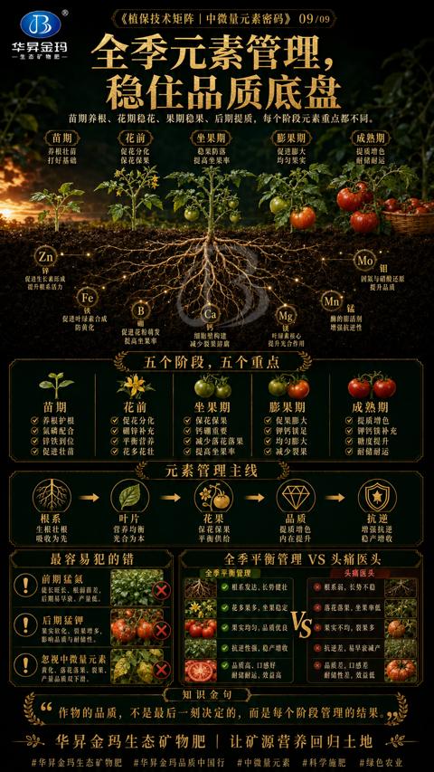 全季元素管理（苗期养根、花期稳花、果期稳果、后期提质，每个阶段元素重点都不同）｜华昇金玛植保系统课技术图