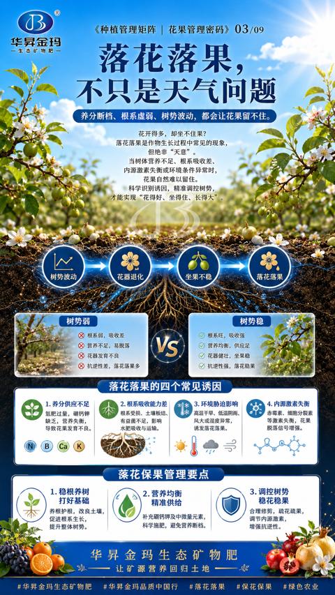 落花落果（养分断档、根系虚弱、树势波动，都会让花果留不住）｜华昇金玛植保系统课技术图