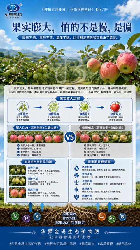 果实膨大，怕的不是慢，是偏（任何阶段的营养失衡、供给偏差或负载不当，都会导致果实大小不一、形状异常、糖酸失衡、着色差、耐储性）｜华昇金玛植保系统课技术图