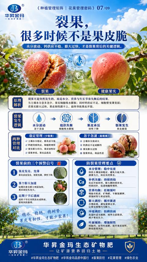 裂果（当土壤水分忽多忽少，果实细胞吸水膨胀；同时钙供应不足，细胞壁变薄变弱）｜华昇金玛植保系统课技术图