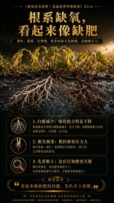 根系缺氧（根系缺氧会导致白根数量减少，活力下降，水肥吸收能力变差）｜华昇金玛植保系统课技术图