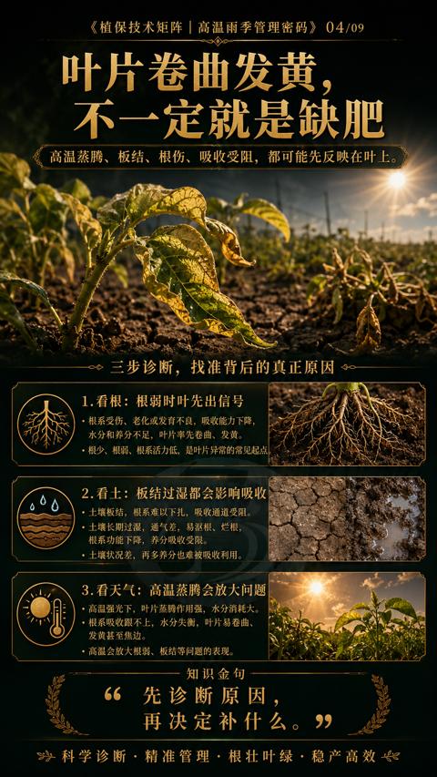 叶片卷曲发黄（高温蒸腾、板结、根伤、吸收受阻，都可能先反映在叶上）｜华昇金玛植保系统课技术图