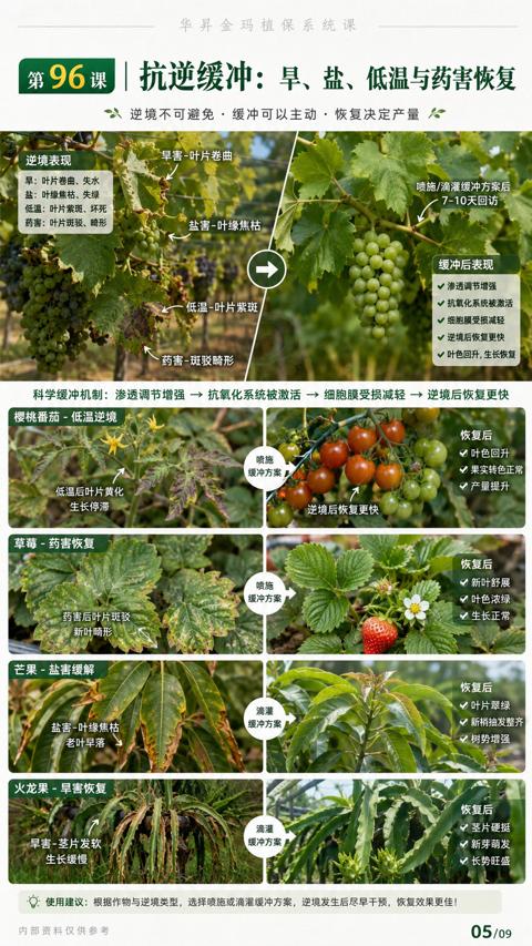 抗逆缓冲：早、盐、低温与药害恢复（使用建议）｜华昇金玛植保系统课技术图