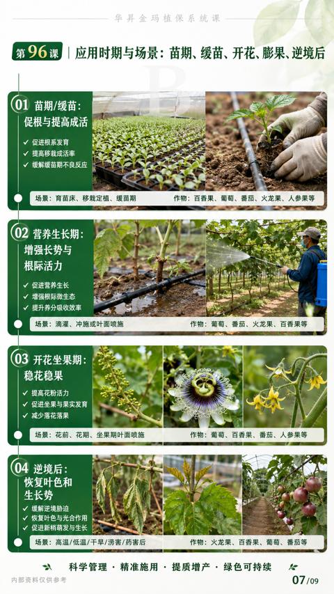 应用时期与场景：苗期、缓苗、开花、膨果、逆境后｜华昇金玛植保系统课技术图