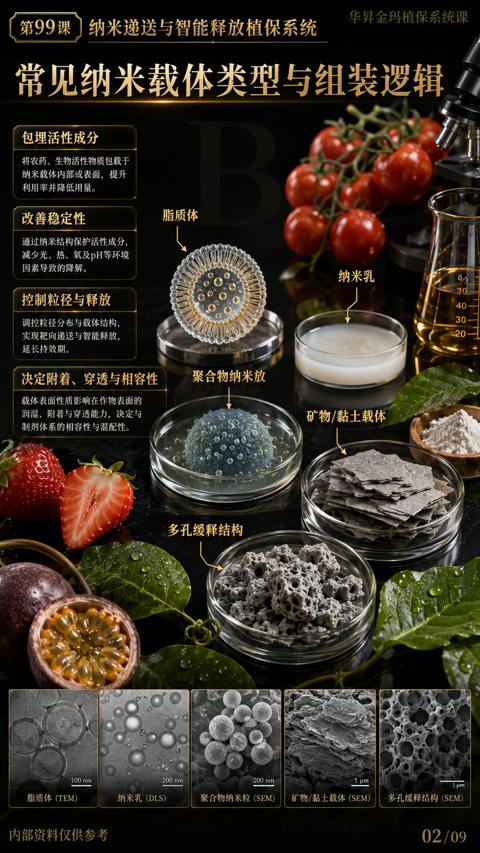 常见纳米载体类型与组装逻辑（载体表面性质影响在作物表面的）｜华昇金玛植保系统课技术图