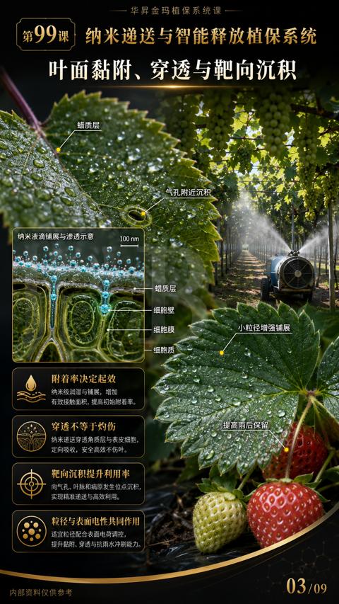 叶面黏附、穿透与靶向沉积（向气孔、叶脉和病原发生位点沉积）｜华昇金玛植保系统课技术图