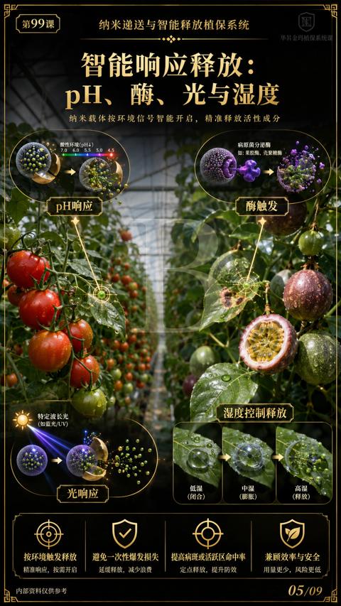 pH、酶、光与湿度（纳米载体按环境信号智能开启，精准释放活性成分）｜华昇金玛植保系统课技术图