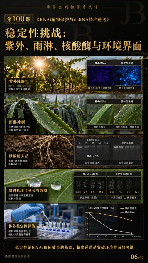 稳定性挑战（稳定性是RNAi田间效果的基础，精准递送是突破环境界面的关键）｜华昇金玛植保系统课技术图