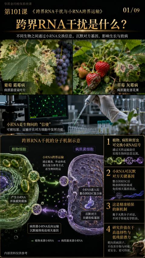 跨界RNA干扰是什么（不同生物之间通过小RNA交换信息，沉默对方基因，影响生长与致病）｜华昇金玛植保系统课技术图