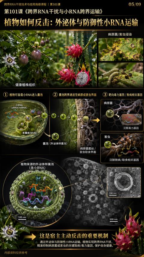 植物如何反击：外泌体与防御性小RNA运输（精准抑制病原菌或害虫的关键致病/毒力基因，保护自身健康）｜华昇金玛植保系统课技术图