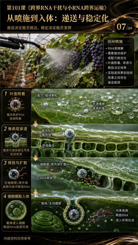 从喷施到入体：递送与稳定化（第101课《跨界RNA千扰与小RNA跨界运输）｜华昇金玛植保系统课技术图