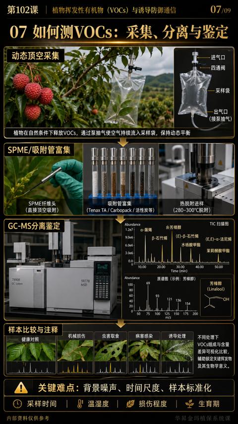 07 如何测VOCs：采集、分离与鉴定（植物在自然条件下释放VOCS，通过泵抽气使空气持续流入采样袋，保持动态平衡）｜华昇金玛植保系统课技术图